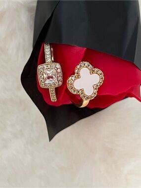 Gold Crystal Halo and White Clover Gold Rings - Women Jewelry